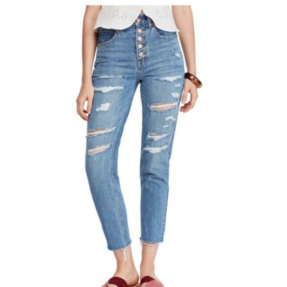Free People Blossom Rigid Crop Skinny Jeans Size 29 Blue Distressed Button Fly